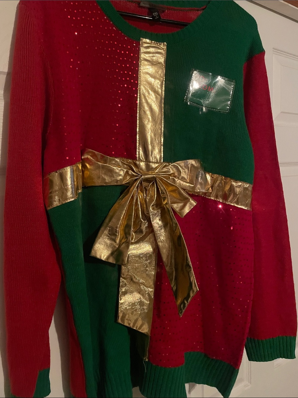 Allison Brittney Red & Green Holiday Sweater with Gold Bow Accent